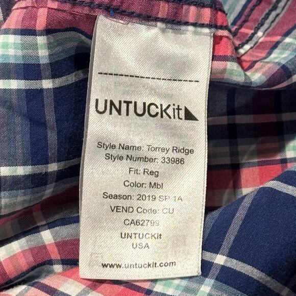 Untuckit Mens Shirt Torrey Ridge Preppy Hipster Button Up Plaid Blue Pink Medium - Picture 4 of 7